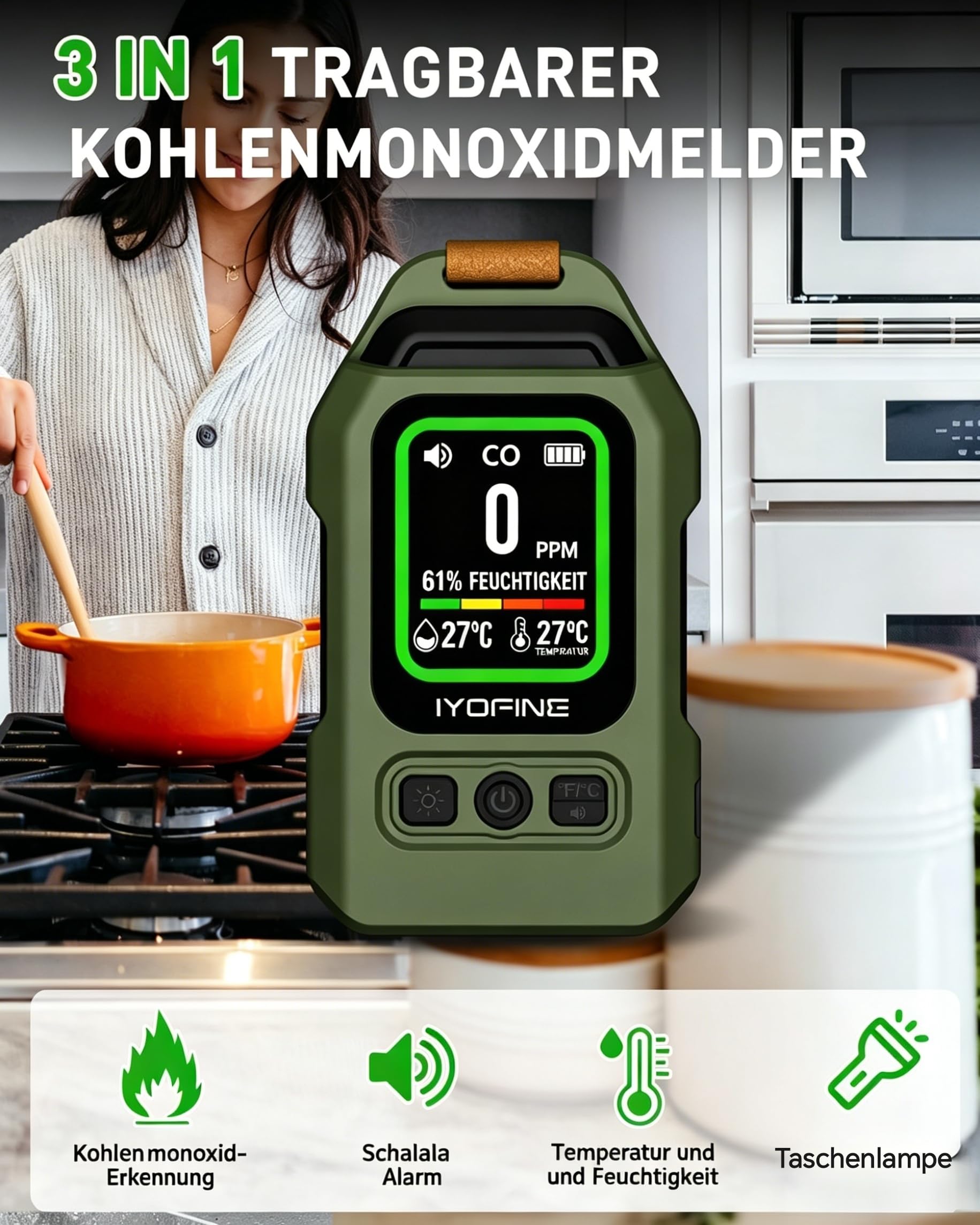 Tragbarer Kohlenmonoxidmelder mit 300 Stunden Akkulaufzeit, Thermo-Hygrometer, Alarm und Notleuchte – perfekt für Camping und Reisen