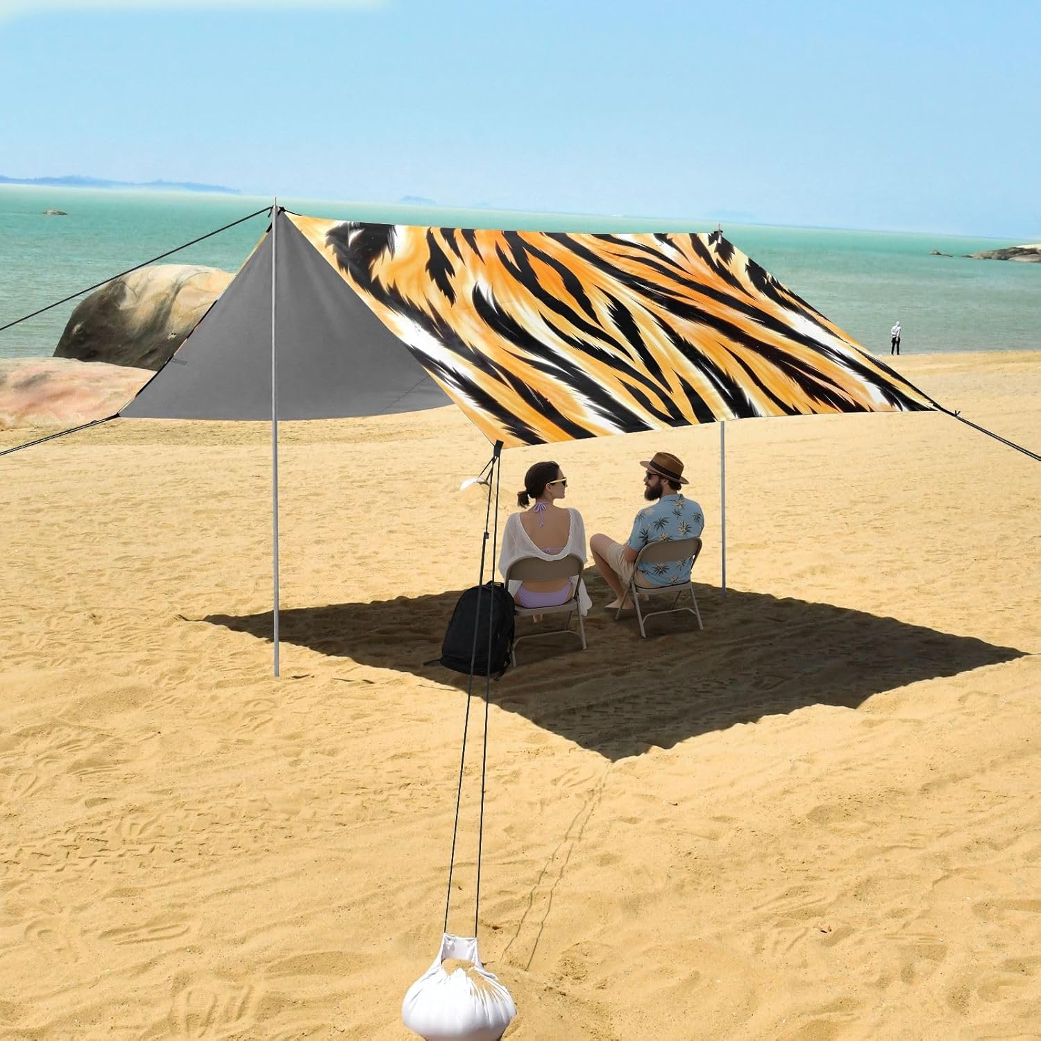 ALAZA Tiger Prints Beach Tent Sun Shelter UPF50+ Protection Beach Shade Canopy w/ 4 Sandbags for Outdoor Camping, Fishing, Backyard Fun, Picnic, 10x9 ft