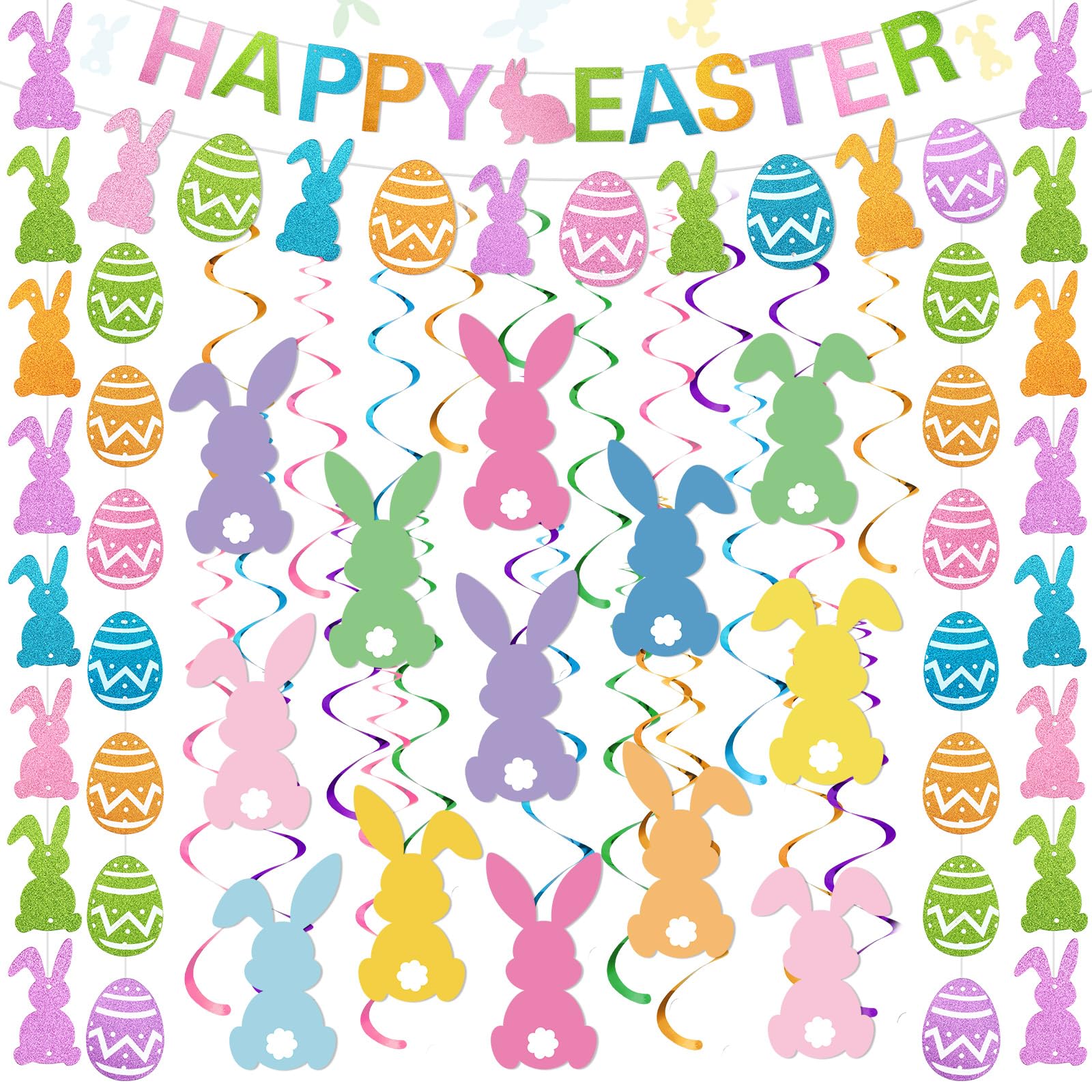 Photo 1 of Fullhawl 30 Pcs Happy Easter Decorations Set Easter Party Decoration Egg Bunny Garlands Banner Hanging Swirls Ceiling Streamers Strings for Home Office Classroom Spring Party Decor
