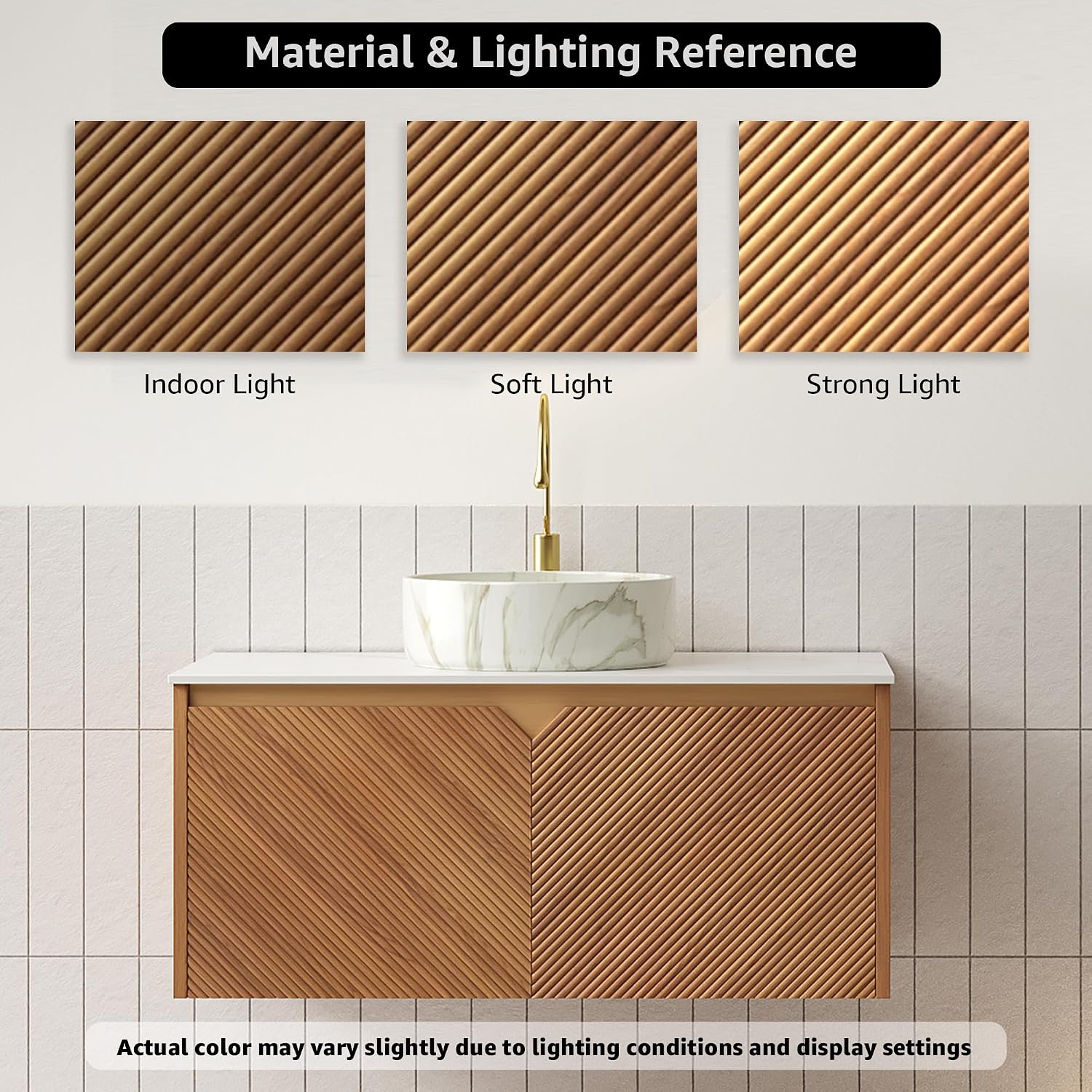 36 Inch Floating Bathroom Vanity with Sink, Wall Mounted Modern Fluted Cabinet, Carrara White Sintered Stone Top, White Marble-Pattern Ceramic Round Vessel Sink, Soft Close Storage, Oak Finish