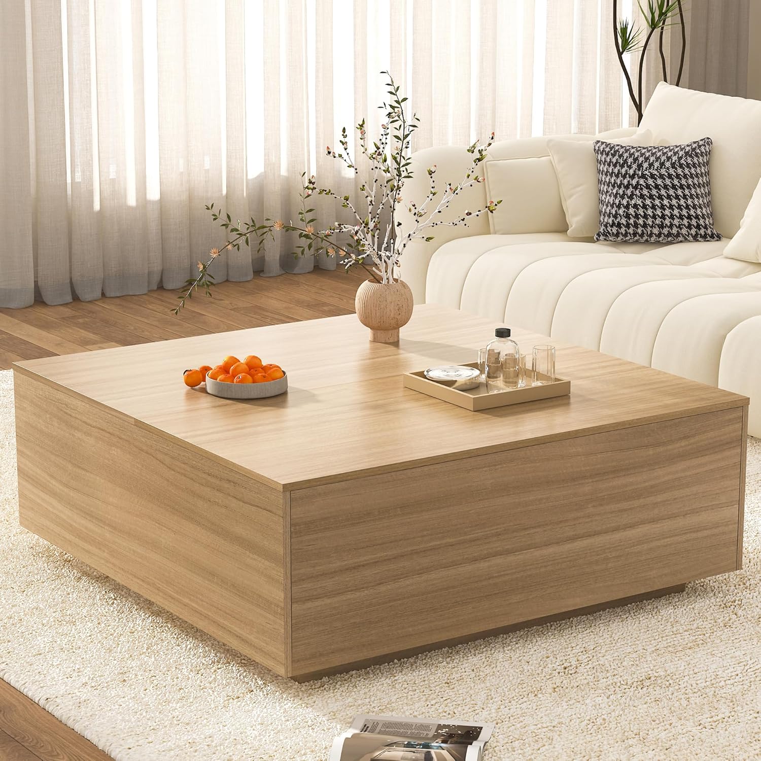 47 Inch Large Square Coffee Table with Storage,Modern Wooden Coffee Tables with 2 Drawers Storage for Living Room,Mid Century Tea Table/Aesthetic Coffee Table Center Table for Home Office(Oak)