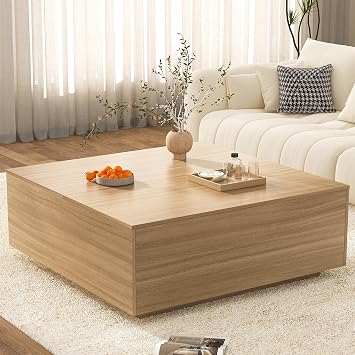 47 Inch Large Square Coffee Table with Storage,Wooden Coffee TableOAK