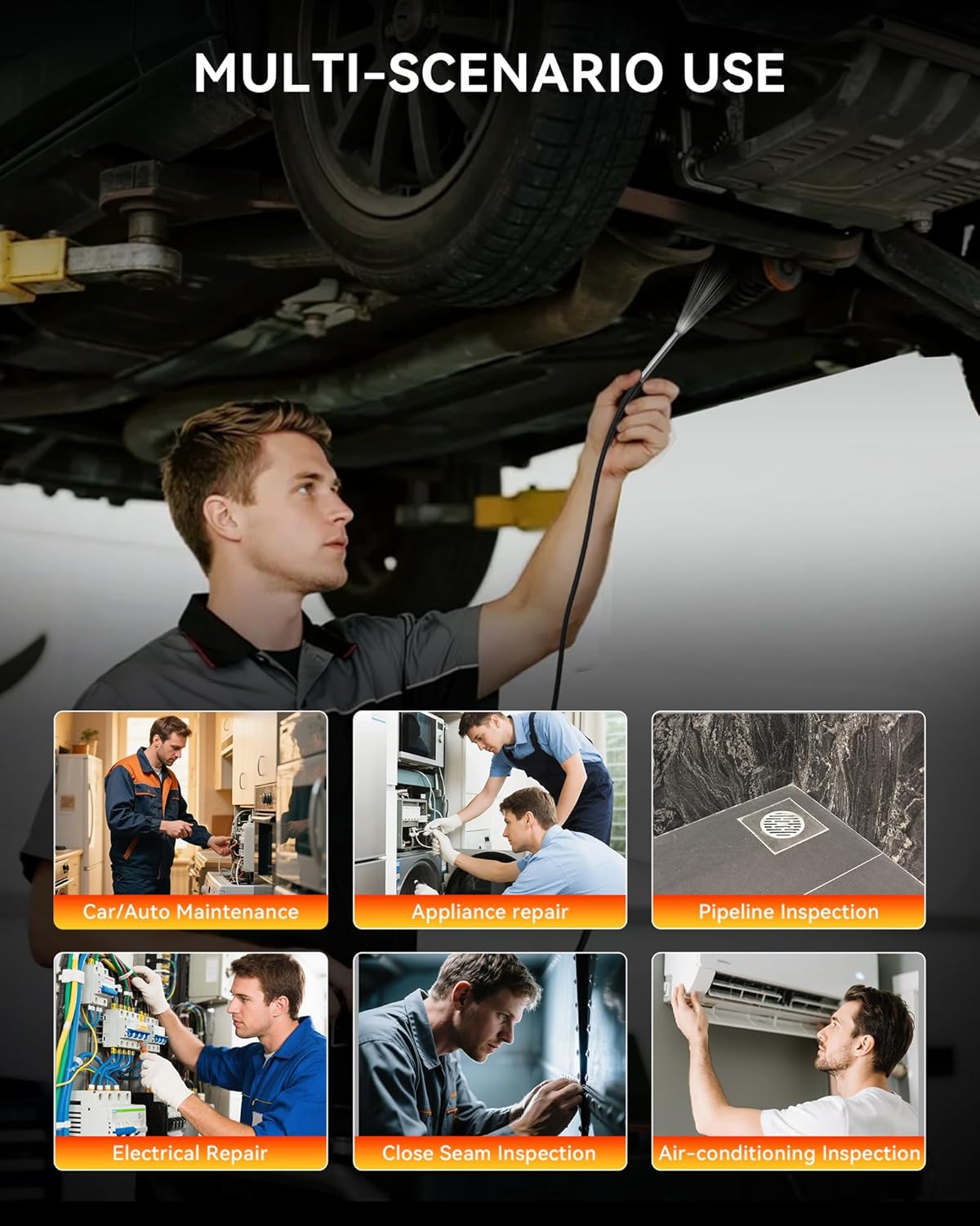 THINKCAR TES102 Endoscope Camera with Light, 0.21 Inch HD Borescope with 6 Adjustable LED Light, IP67 Waterproof Semi-Rigid Snake Camera, One Click Snapshot Inspection Borescope