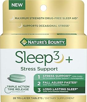 Stress Support Melatonin by Nature's Bounty, Sleep3 Maximum Strength 100% Drug Free Sleep Aid, Dietary Supplement with Ashwagandha, Time Release Technology, 10mg, 28 Tri-Layered Tablets