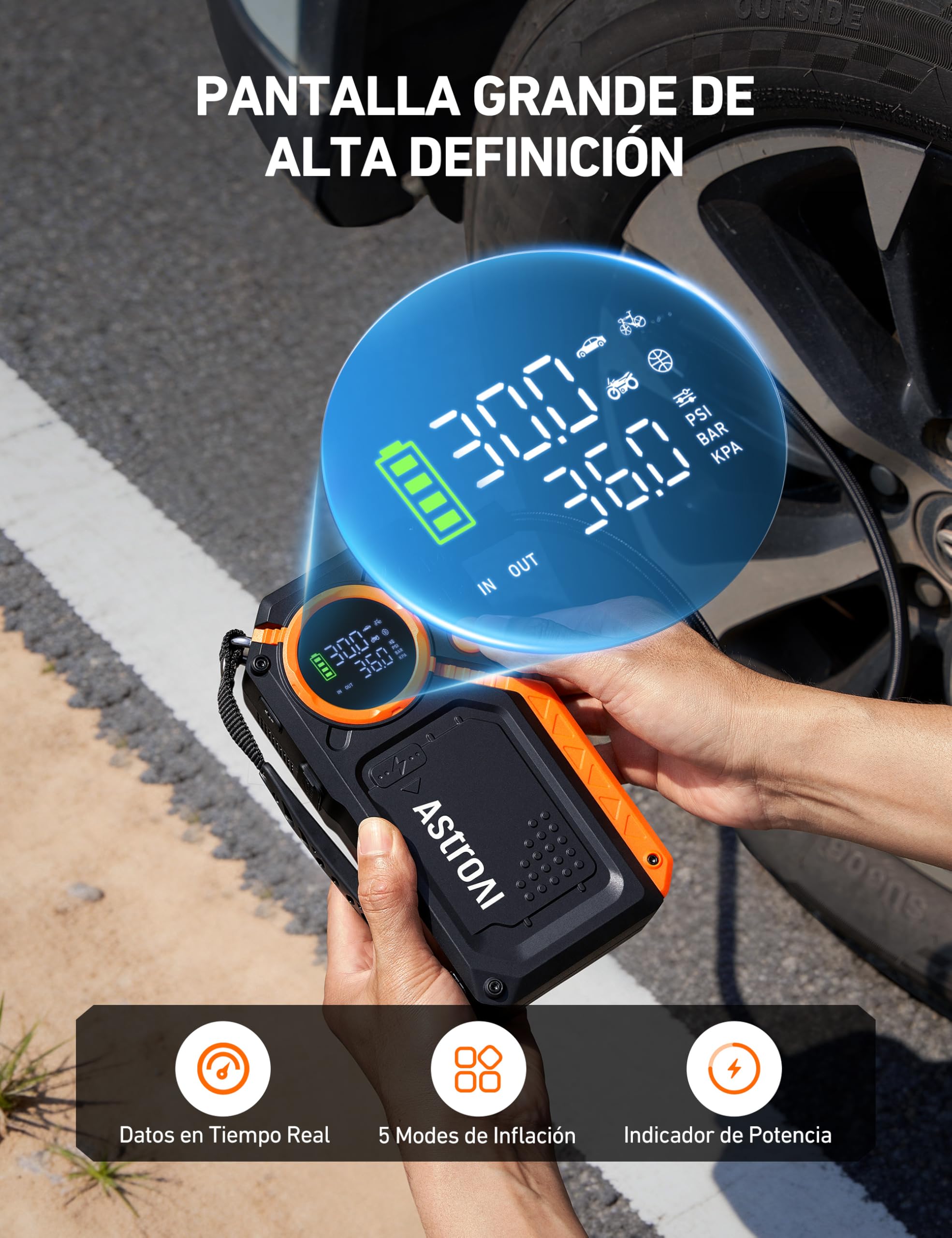 AstroAI Arrancador de Batería de Coche 8000A con Compresor Aire, Arrancador Coche Prtatil con Inflador de 150 PSI, Jump Starter 12V (Todo Gasolina o 12L Diésel), con Pantalla LED y Luz de Emergencia