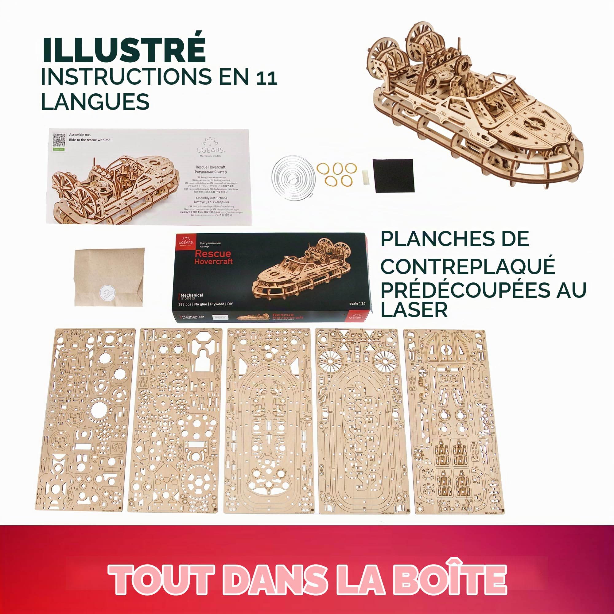 UGEARS Aéroglisseur De Sauvetage – Maquette De Bateau en Bois 3D pour Adultes – Puzzle 3D en Bois À Construire – Kit Premium Au Design Mécanique Détaillé