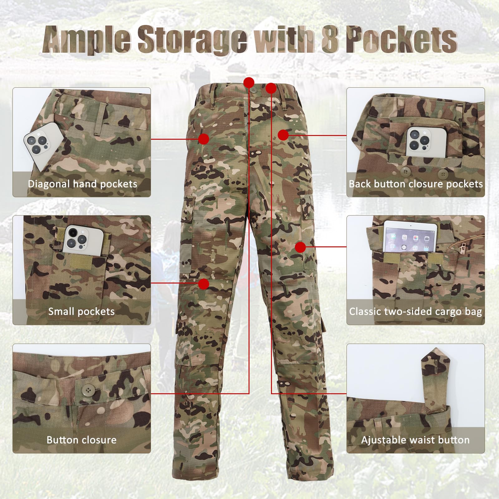 BWBIKE Pantaloni Cargo Tattici Uomo - Mimetico Militare Antistrappo - Pantaloni da Combattimento Impermeabili - Trekking, Caccia, Escursionismo & Uso Quotidiano