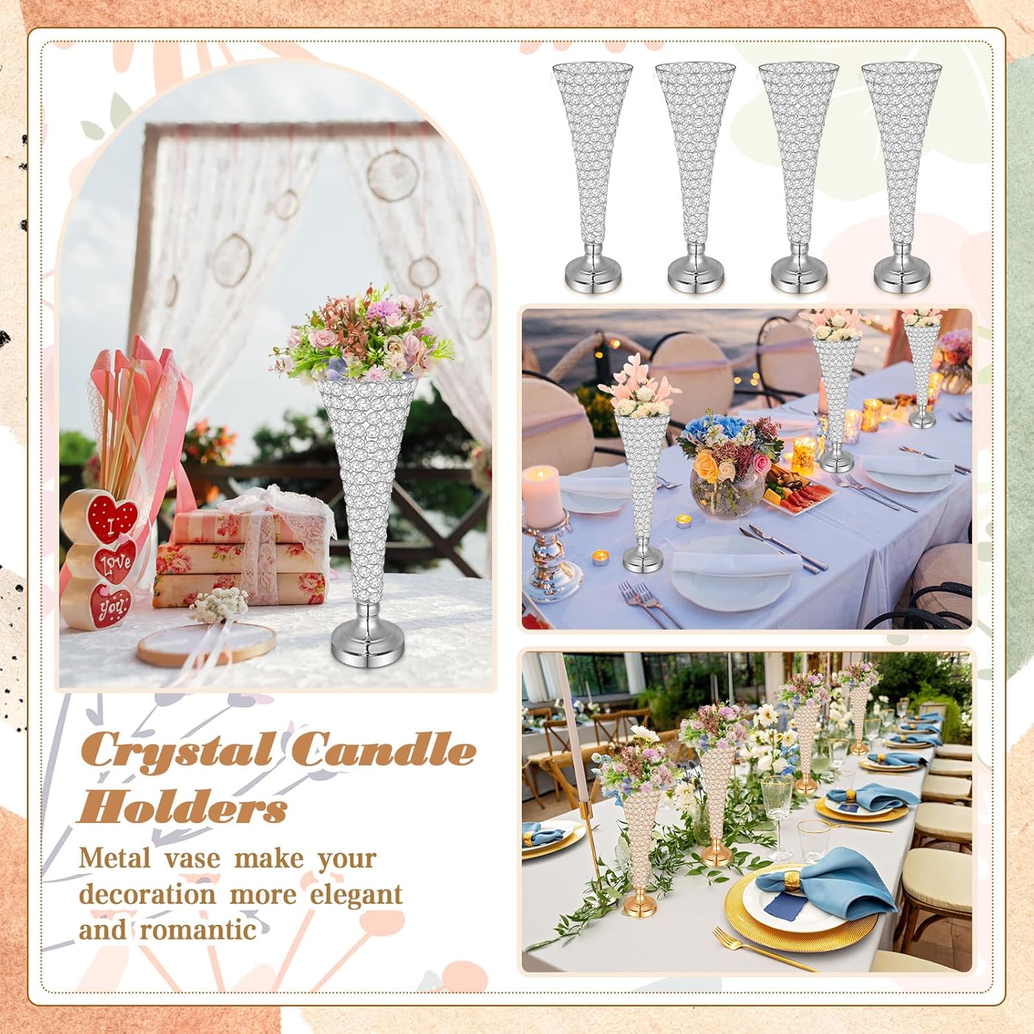 Rtteri 4 Pcs 20 Inch Tall Crystal Vase for Centerpieces Wedding Christmas Metal Crystal Trumpet Flower Vase Stand for Holiday Table Floor Wedding Banquet Celebration, Classic Elegance(Silver)