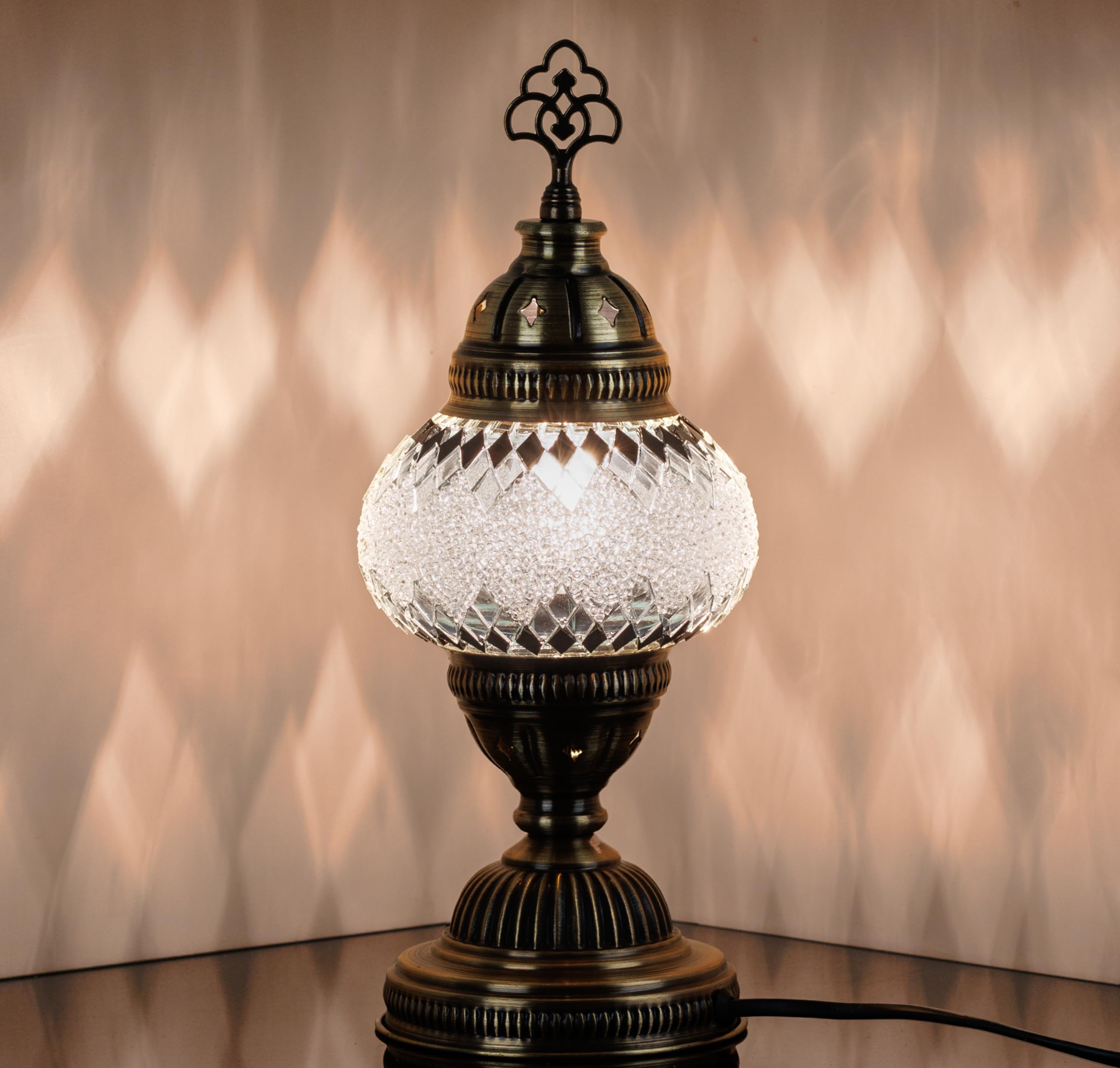 DEMMEX Handmade Colorful Mosaic Glass Table Desk Bedside Lamp Lampshade with Antique Brass Base, Small 30cm H (White-Black)