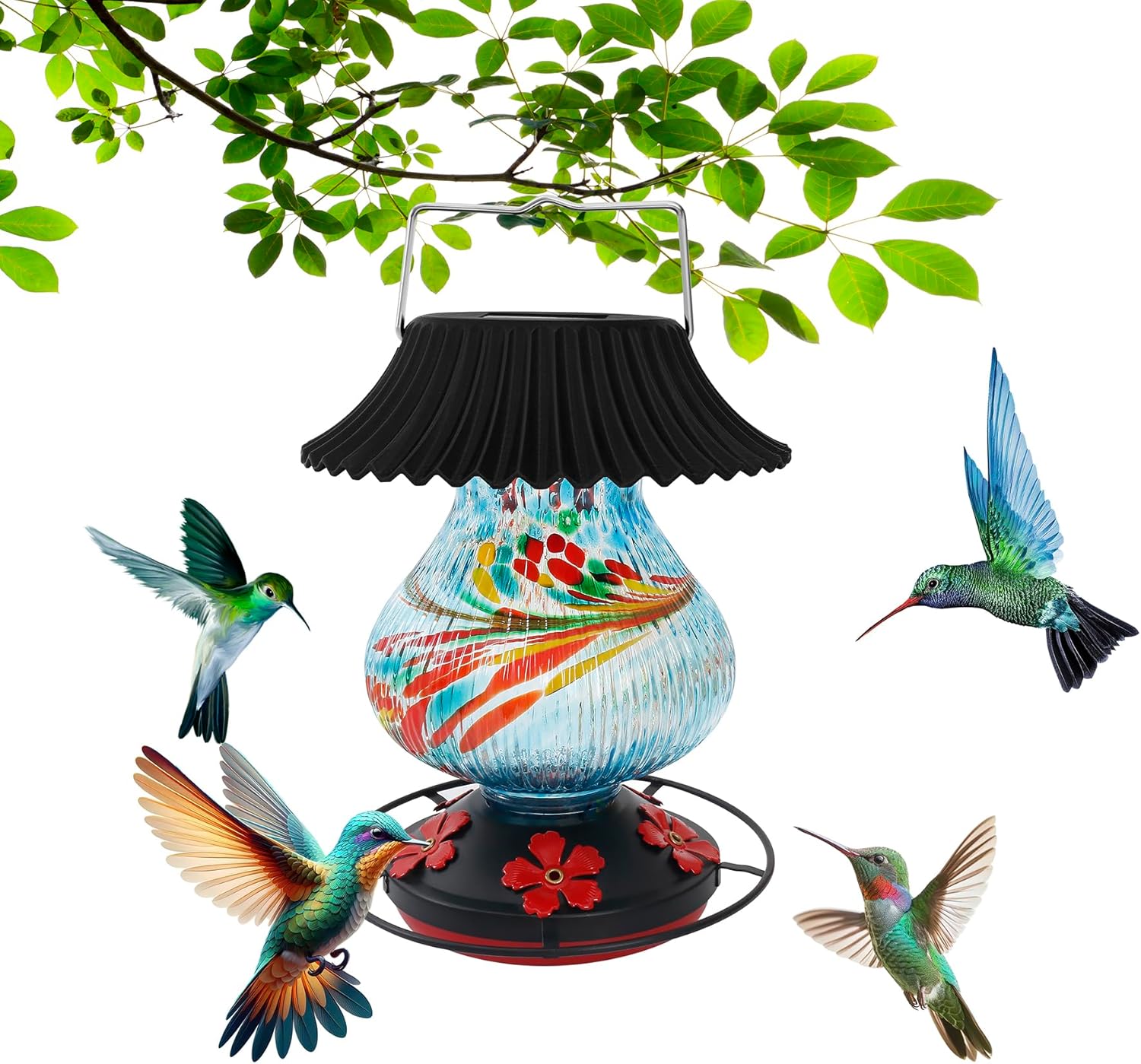 Solar Hummingbird Feeder-5 Feeding Ports with Perch, Hand Blown Glass Blue Tree Sea Color Changing-Never Leak, Multicolor Night Lights – Perfect Hummingbird Feeder for Outdoors for Nature Enthusiasts