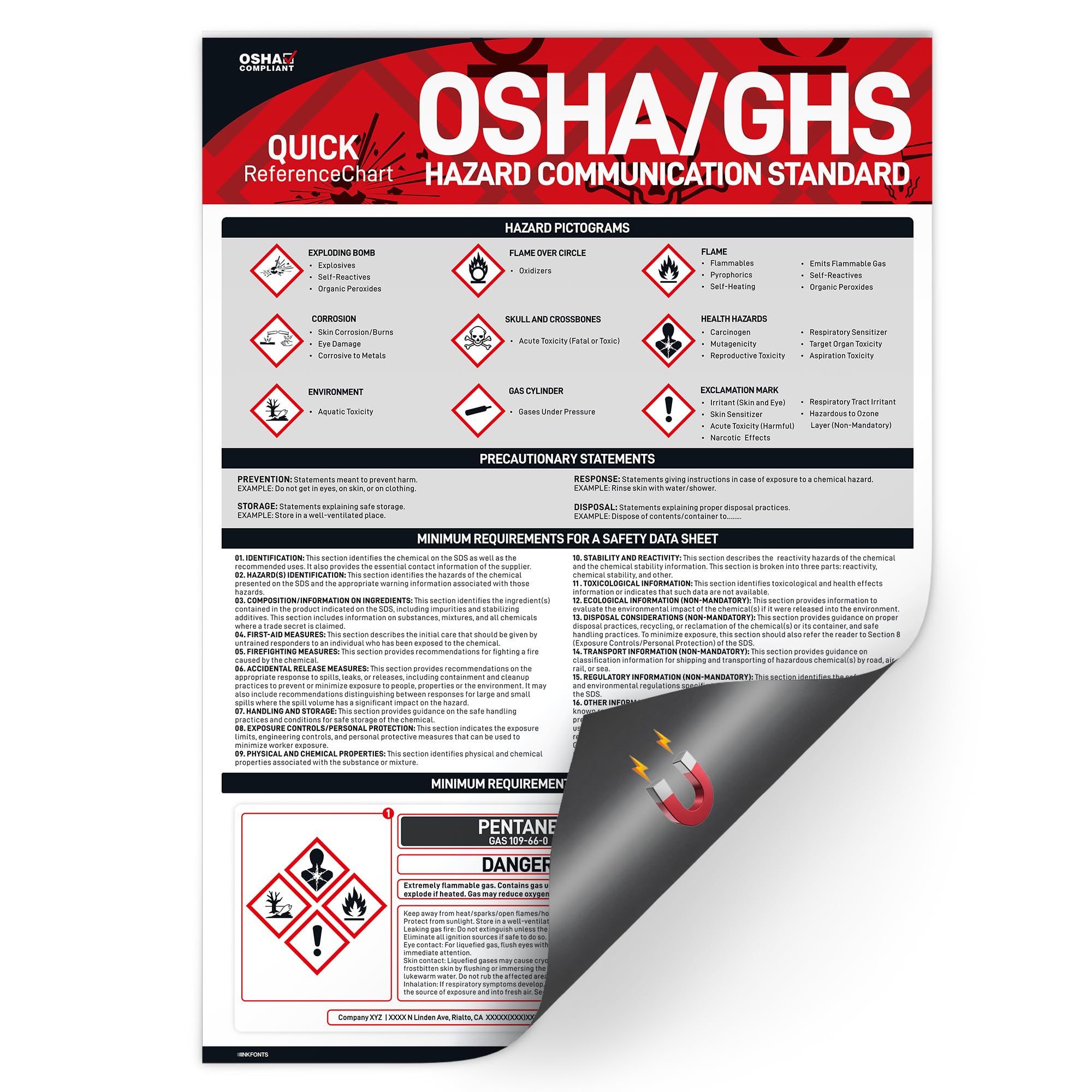 OSHA GHS Safety Data Sheet Poster Magnetic Backing, 18 x 24 inches GHS Pictogram Labels Poster Guide for Industrial Workplaces, GHS Reference Poster