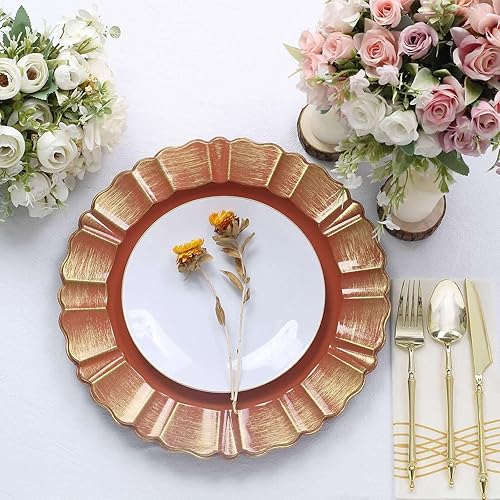 Efavormart - Juego de platos redondos de plástico terracota con borde festoneado ondulado para bodas, recepciones al aire libre, banquetes, platos
