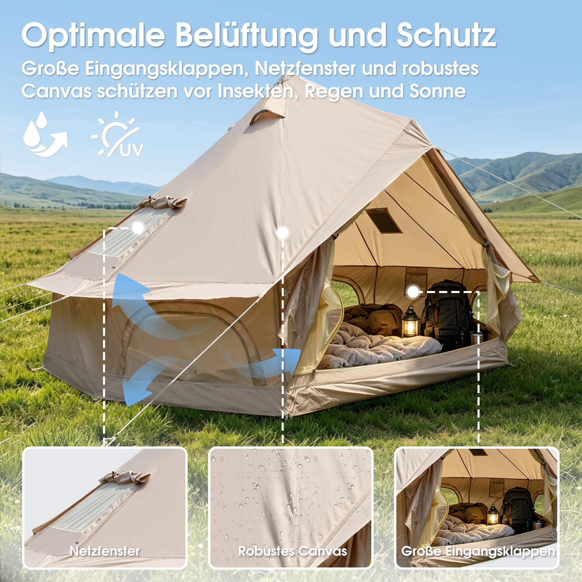 Bell Tipi Zelt Outdoor, 3M & 4M 4-Jahreszeiten Canvas Wasserdichtes Zelt für Camping, 4M Zelt Abnehmbarer Seitenwand, Gruppen Familien, Camping, Feste