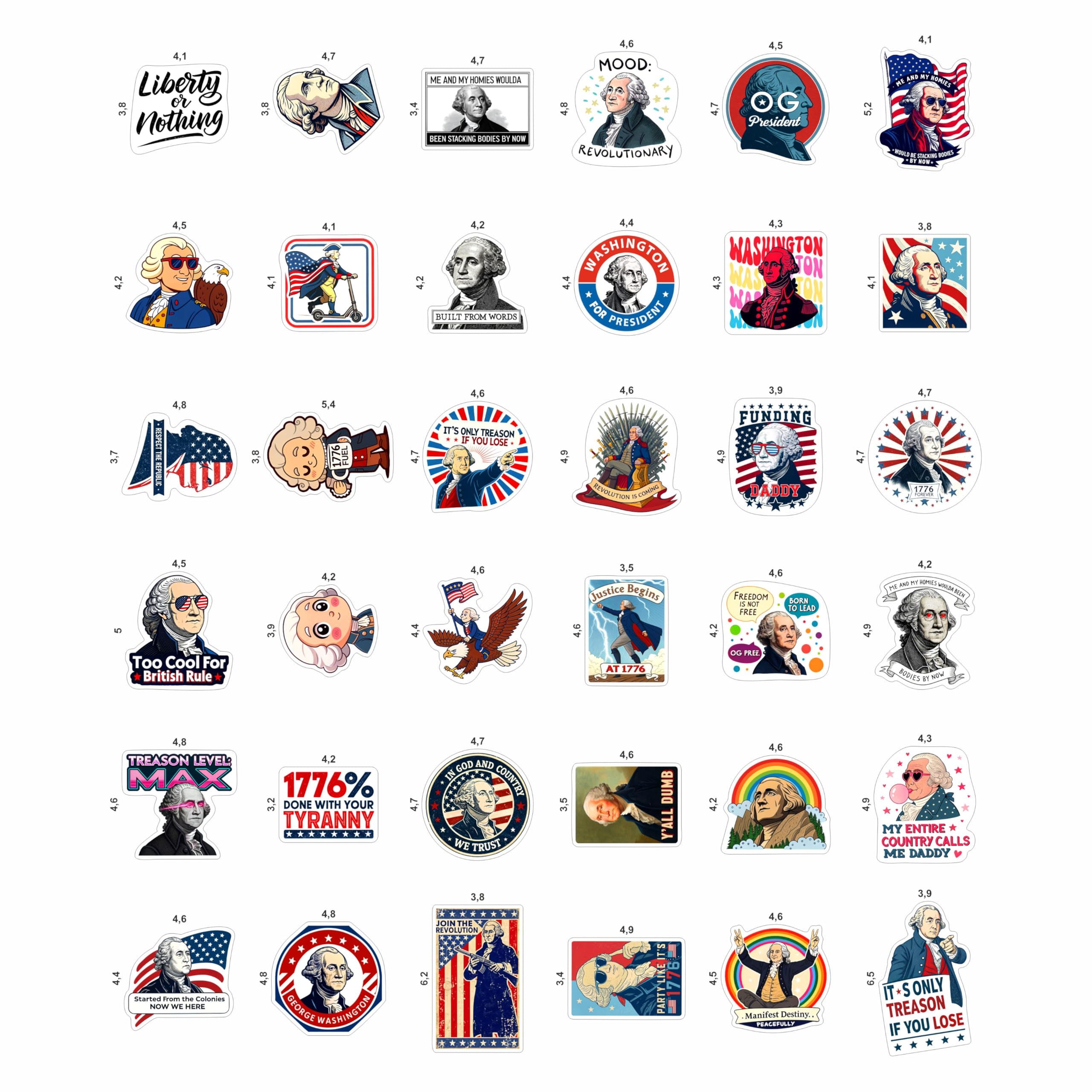 Zestaw 100 naklejek George Washington, zabawny prezydent, portret George'a Washingtona, naklejki prezydenta Ameryki, prezent dla kobiet i mężczyzn