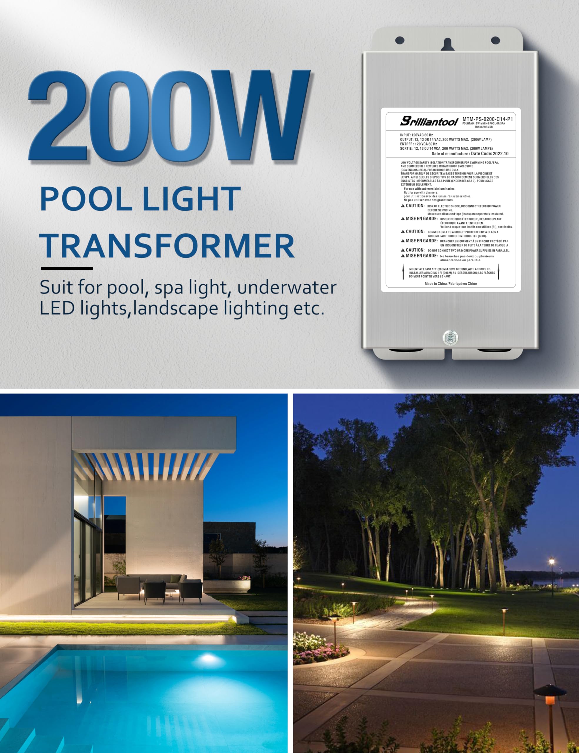 Transformador de luz para piscina con carcasa de acero inoxidable, 200 W, convierte 120 V CA a 12 V/13 V/14 V CA, transformador multienchufe resistente a la intemperie