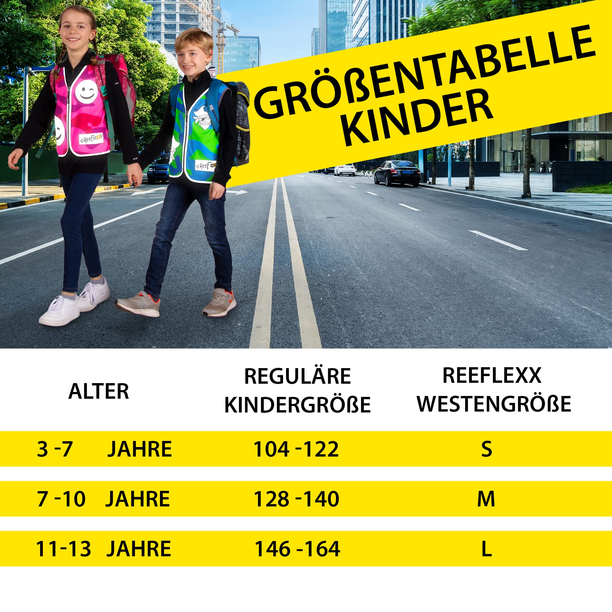 REEFLEXX Coole Kinder Warnweste inkl. Größen-Adapter, reflektierende Weste, erhöhte Sichtbarkeit im Straßenverkehr durch Reflektoren, Farben und Muster - Größe S, M und L