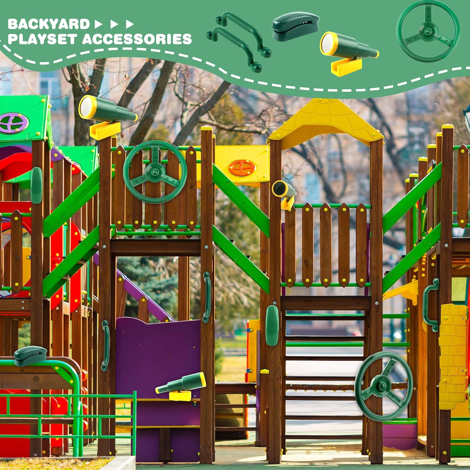 5 Pack Kids Playground Accessories Set Swingset Steering Wheel Plastic Telescope Safety Handles Telephone Toy for Outdoor Playhouse Playset (Color Set 1)