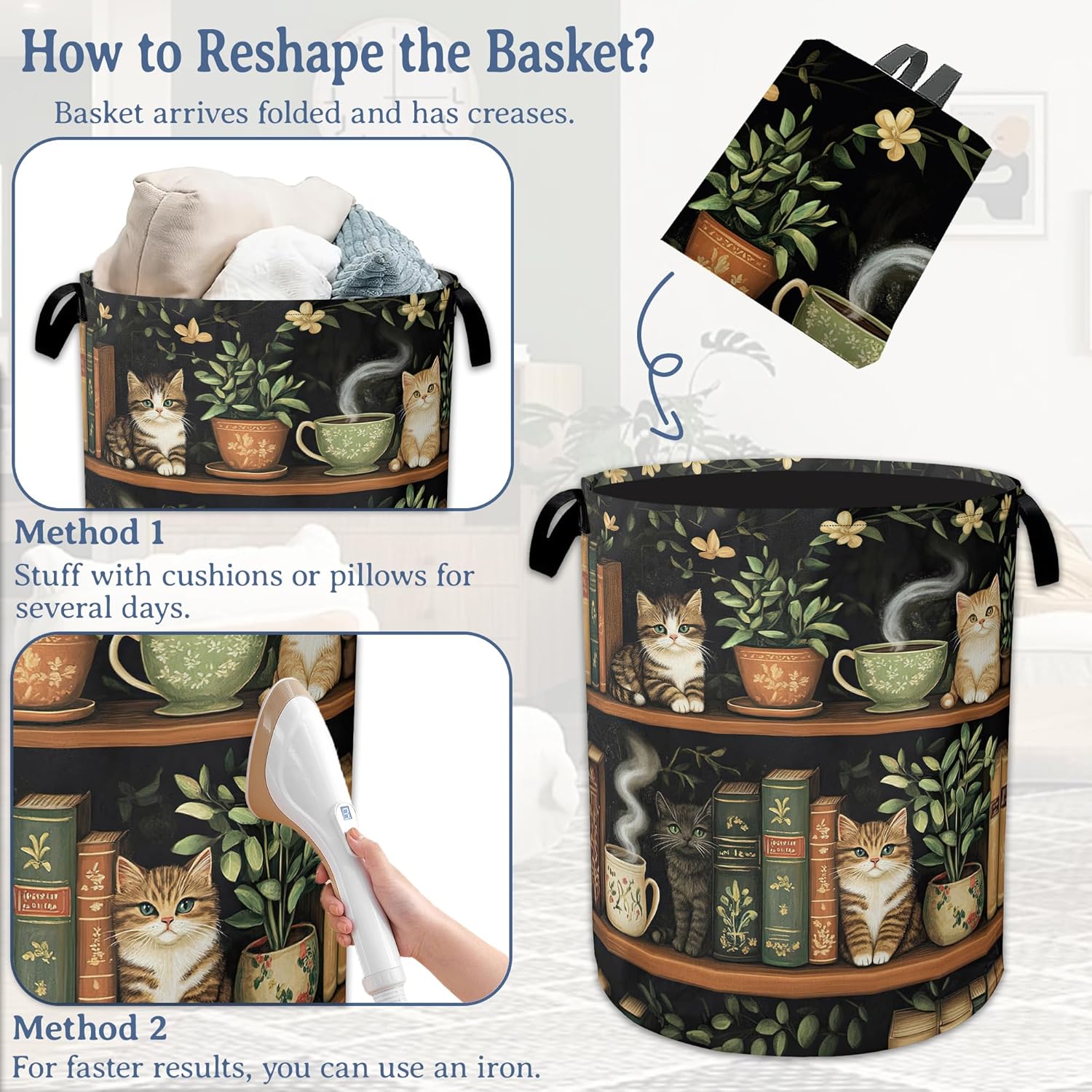 Cute Cat Laundry Basket,Foldable Oxford Cloth Bookshelf Laundry Hamper With Handle, 20.8"x16" Portable Clothes Storage Basket Bag for Laundry Room/Bathroom/Bedroom/Dormitories