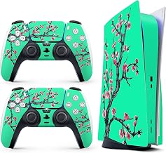 HK Studio Teal Cherry Blossom Decal Sticker Skin Specific Cover for Both PS5 Disc Edition and Digital Edition - Waterproof, No Bubble, Including 2 Controller Skins and Console Skin
