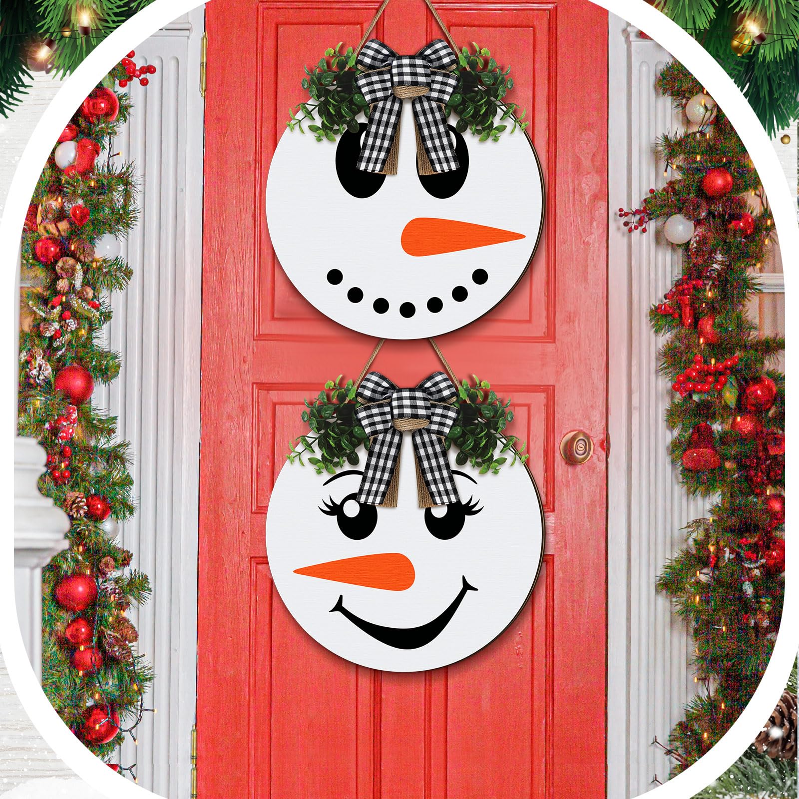 Colingmill 2 letreros colgantes de Navidad para puerta delantera, coronas de Navidad con lazo, corona redonda de madera, guirnalda colgante rústica para granja, pared, porche, decoración interior y
