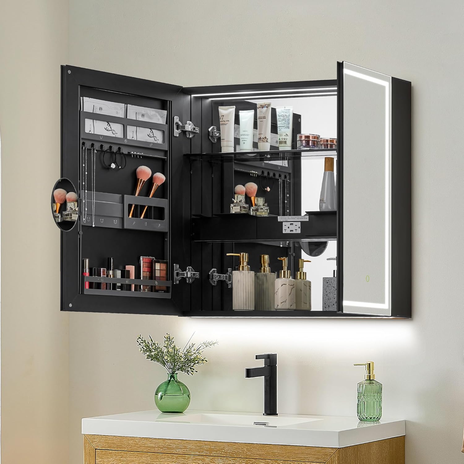 Hesili 32" Surface-Mount LED Lighted Black Aluminum Mirror Medicine Cabinet