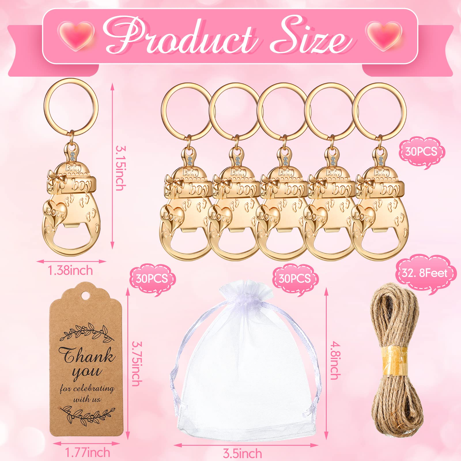 24 stuks flesopener voor babyshower, flesopener in de vorm van een babyfles voor babyshower, souvenir voor gasten met wenskaarten en verpakking, verjaardagsfeest aandenken (goud