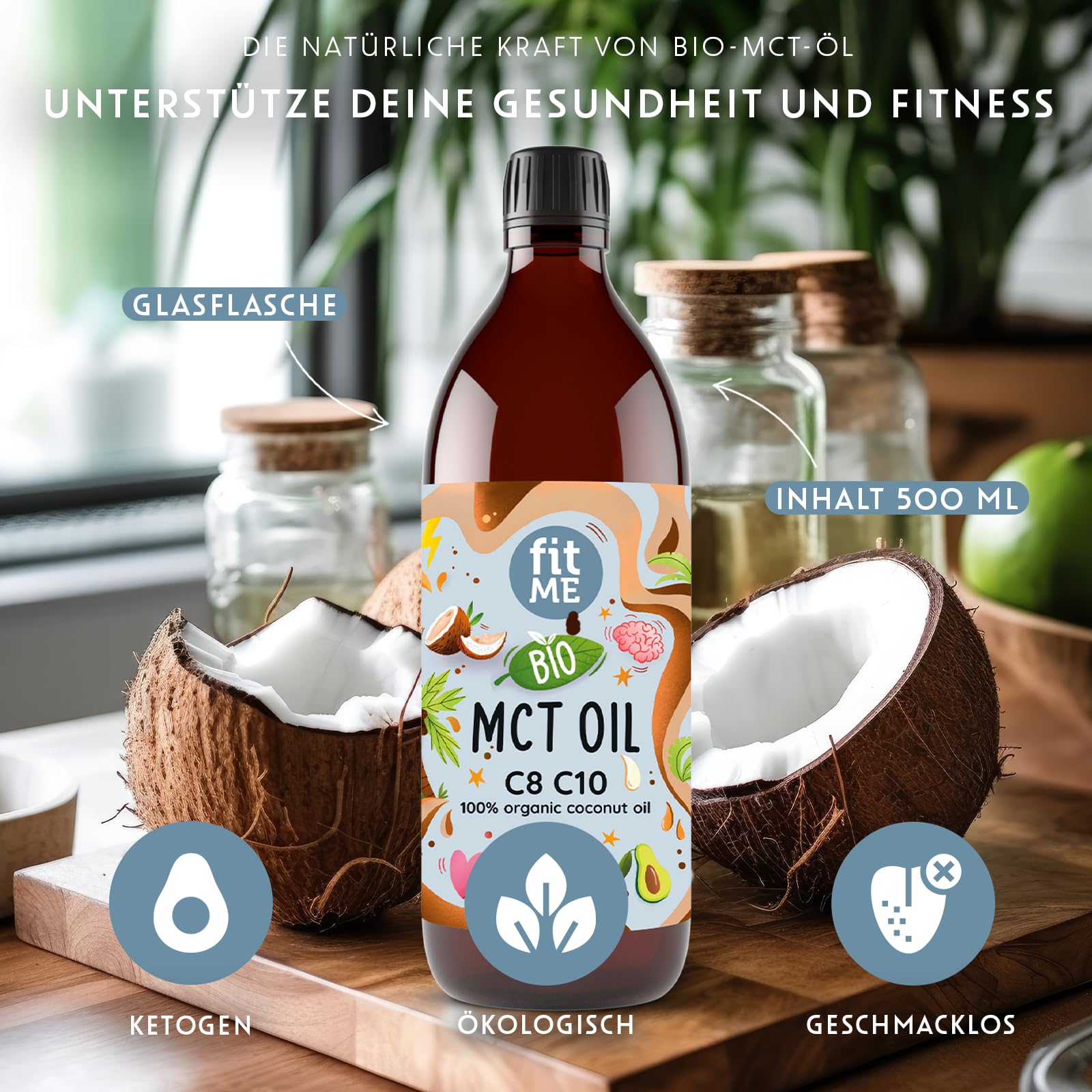 fitME MCT Öl auf Kokosölbasis 500 ml, BIO MCT-Oil mit C8 & C10 Fettsäuren, 60% Caprylsäure & 40% Caprinsäure, für Keto-Diät, Geschmacksneutral für Kaffee, Smoothies, Shakes & Dressings, ohne Pumpe