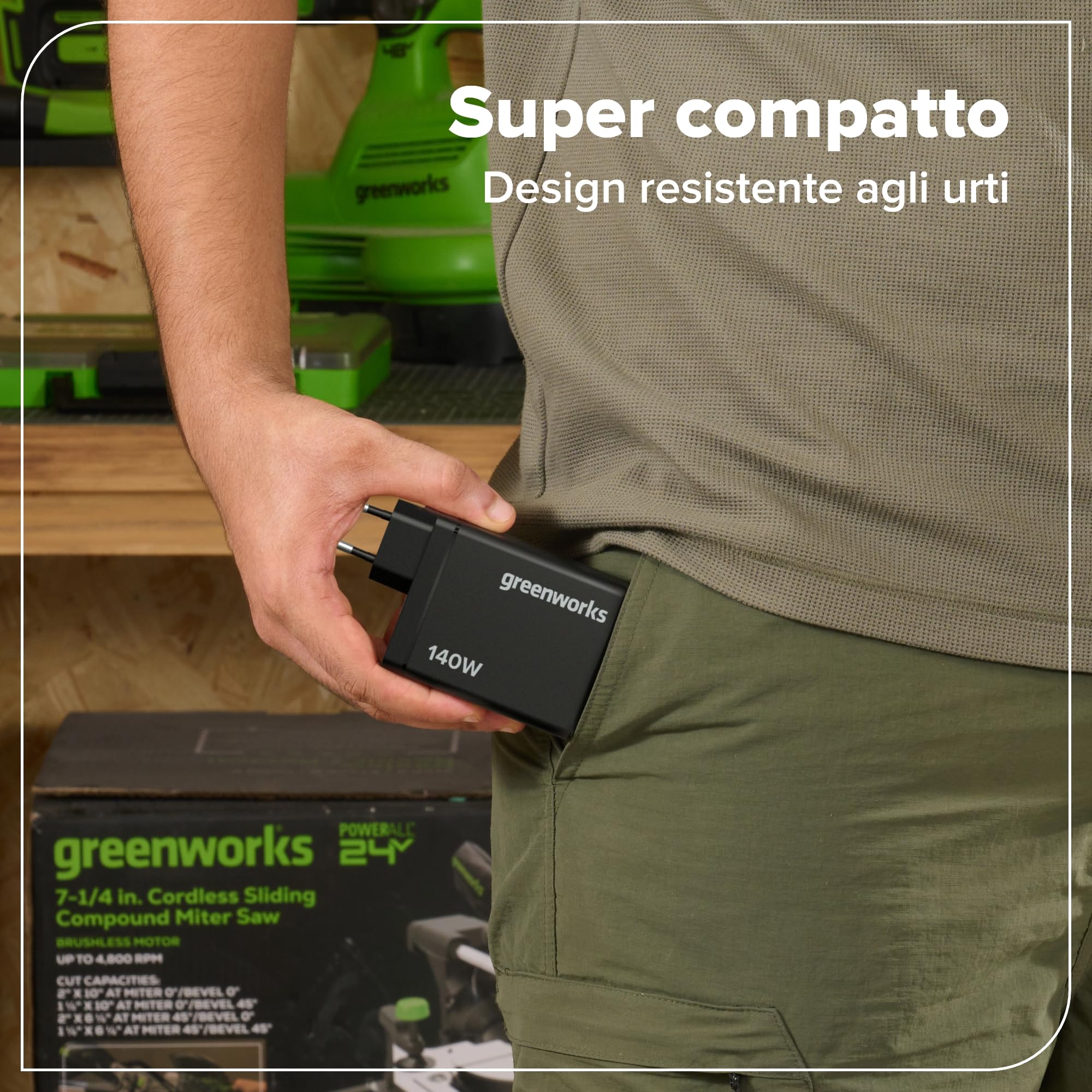 Greenworks 2Pack 24V 4Ah batteria ricaricabile USB-C & caricabatterie USB-C da 140W & cavo da 140W, batteria compatibile con tutti gli dispositivi Greenworks da 24V, 2 anni di garanzia - K2D8DEA