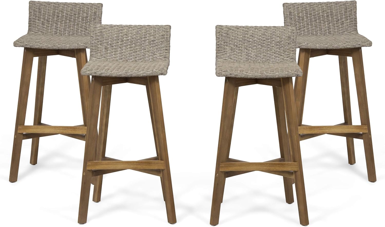 GDFStudio Outdoor Wood & Wicker Barstools (Set of 4), Light Brown and Teak