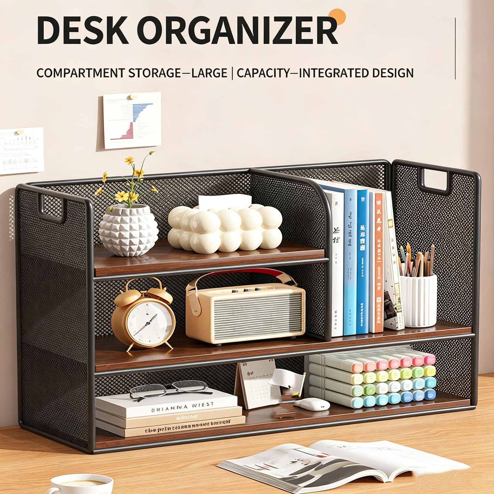 TY&WJ Piccolo scaffale Metallo Legno per scrivania Libri e Documenti | Scaffale aperto portaoggetti espositore per casa ufficio e ambiente studio