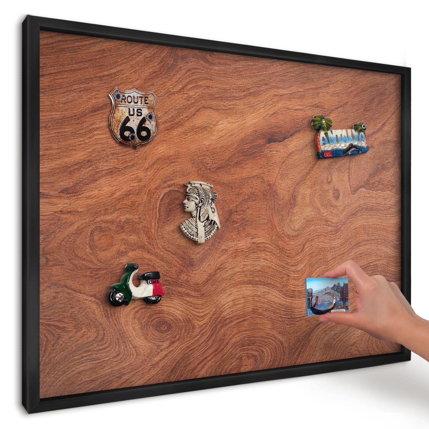 Metall-Magnettafel für Büro 70x50 cm | Schwarzer Rahmen | Holzmaserung
