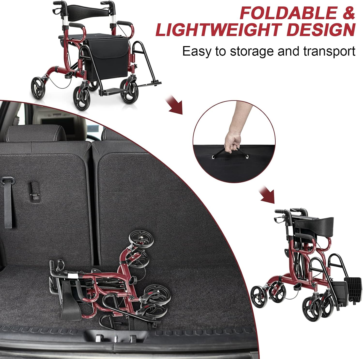 S AFSTAR 2-in-1 Rollator Walker with Seat, Folding Walking Aid with 8-inch Wheels, 6 Adjustable Height, Handle Brake, Upright Walkers for Seniors Elderly, Aluminum Frame Supports up to 350 lbs (Red)
