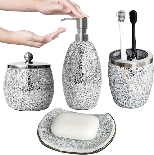 Miniatura 14 de Escenzy - Elegantes conjunto de accesorios de baño verde 4 piezas | Lujoso dispensador de jabón de vidrio, soporte para cepillo de dientes, frasco