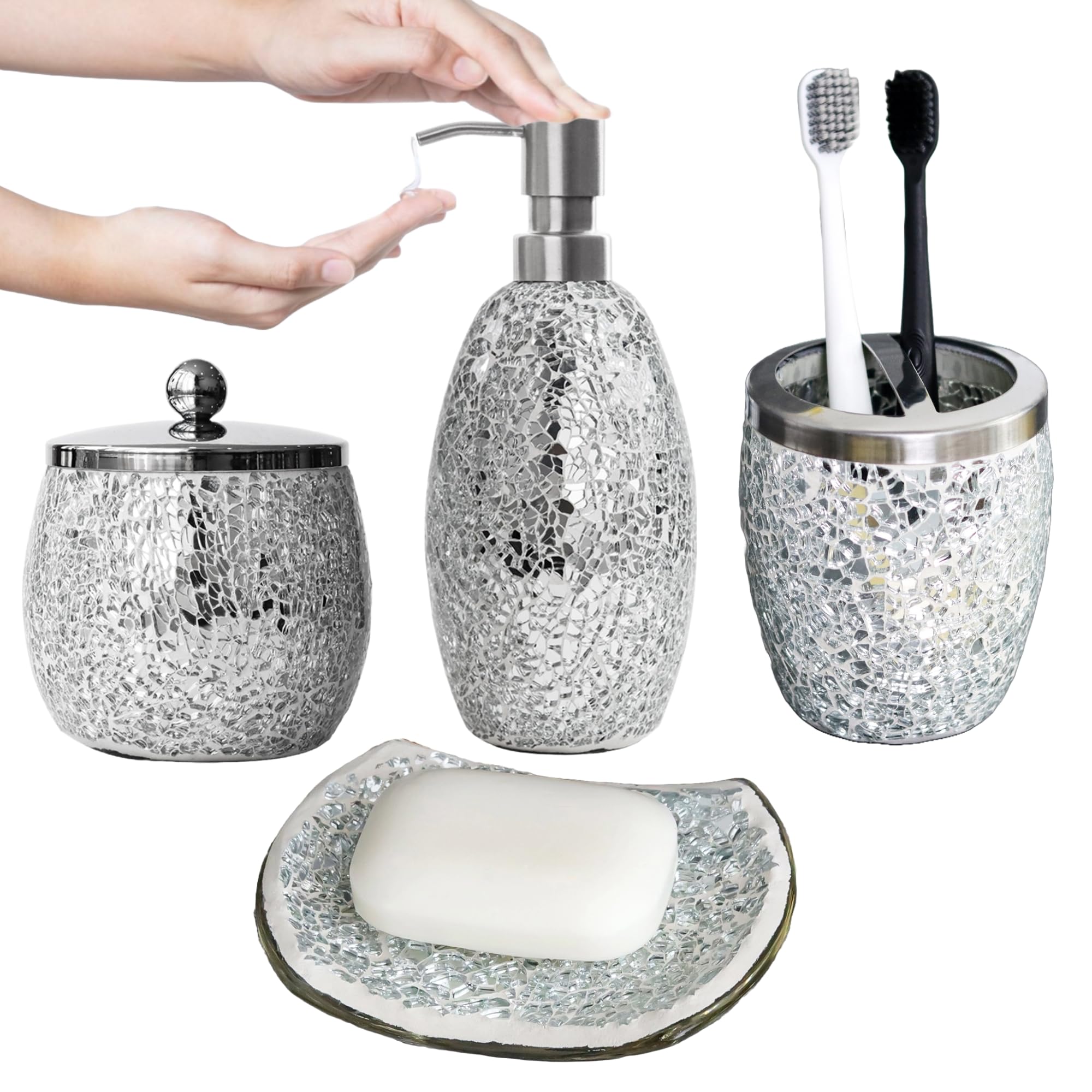 Ensemble Salle De Bain Noir Et Doré – 4 Pièces Luxe : Distributeur, Porte-brosse, Pot, Plateau