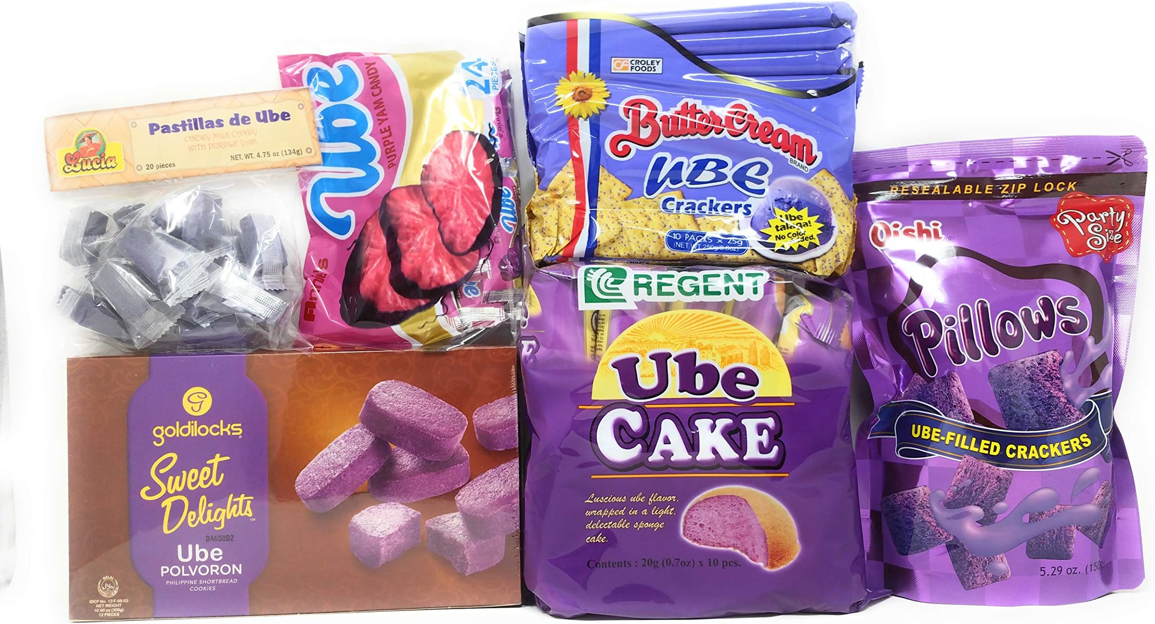 Filipino Snacks Bundle, Ube – Includes Ube Snacks from Goldilocks Polvoron, Oishi Pillows, Regent Ube Cakes, Annies Ube Purple Yam Candy, and More