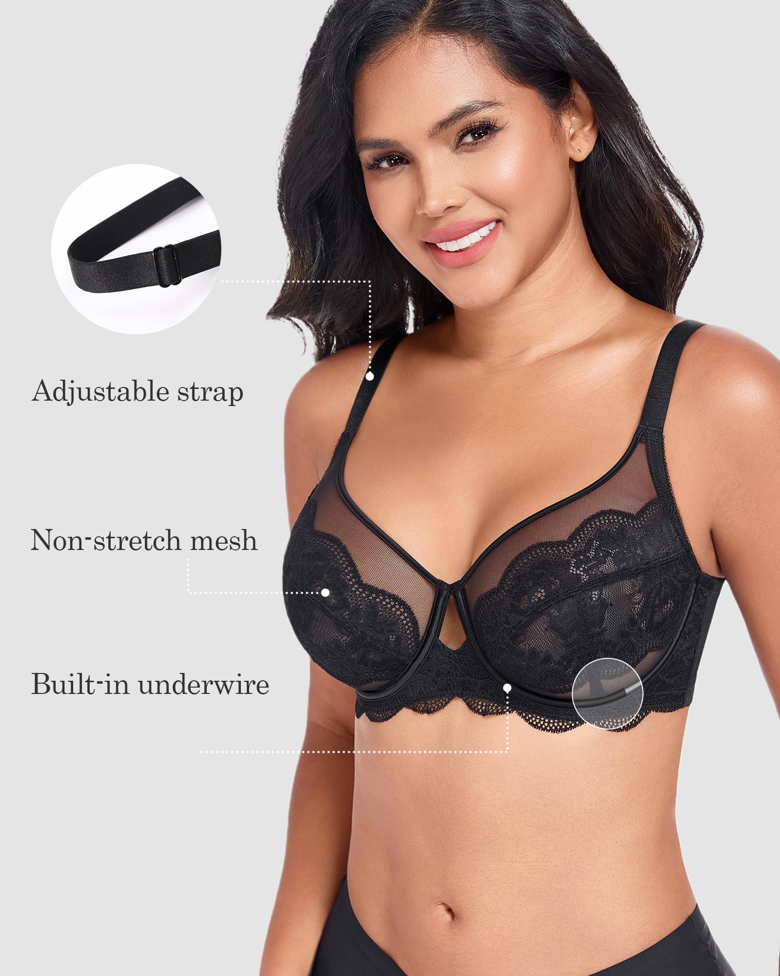 DotVol Soutien-gorge pour femme avec armatures en dentelle non rembourré Grandes tailles Sous-vêtements Minimiseur Transparent Confort Attrayant