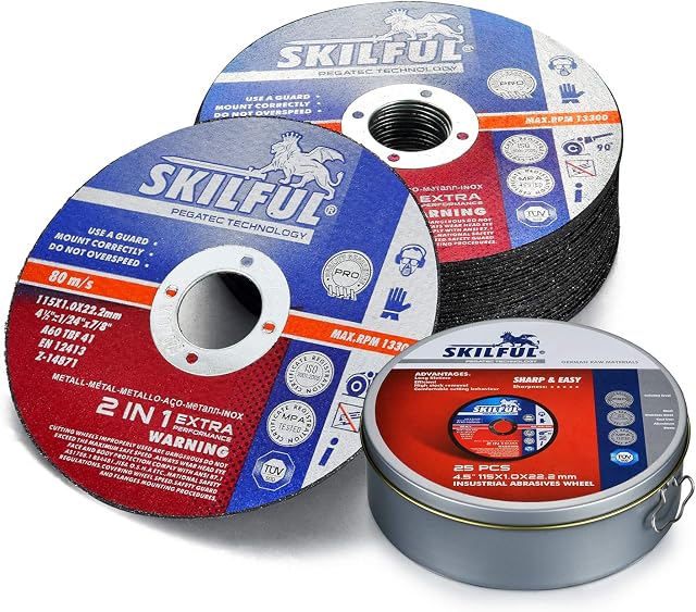 SKILFUL Cut Off Wheels 25 Packs, Cutting Wheels 115mm x 1.0mm x 22.2mm Thin Metal/Stainless Steel Cutting Disc cutting metal, aluminum, wood, PVC, ABS, stone for angle grinder