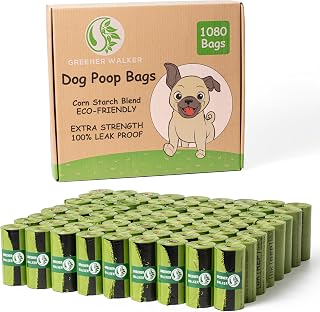 GREENER WALKER 1080 Extra Thick Leak-Proof Dog Poop Bags - Strong 15 Micron Waste Bags for All Dogs (Green)