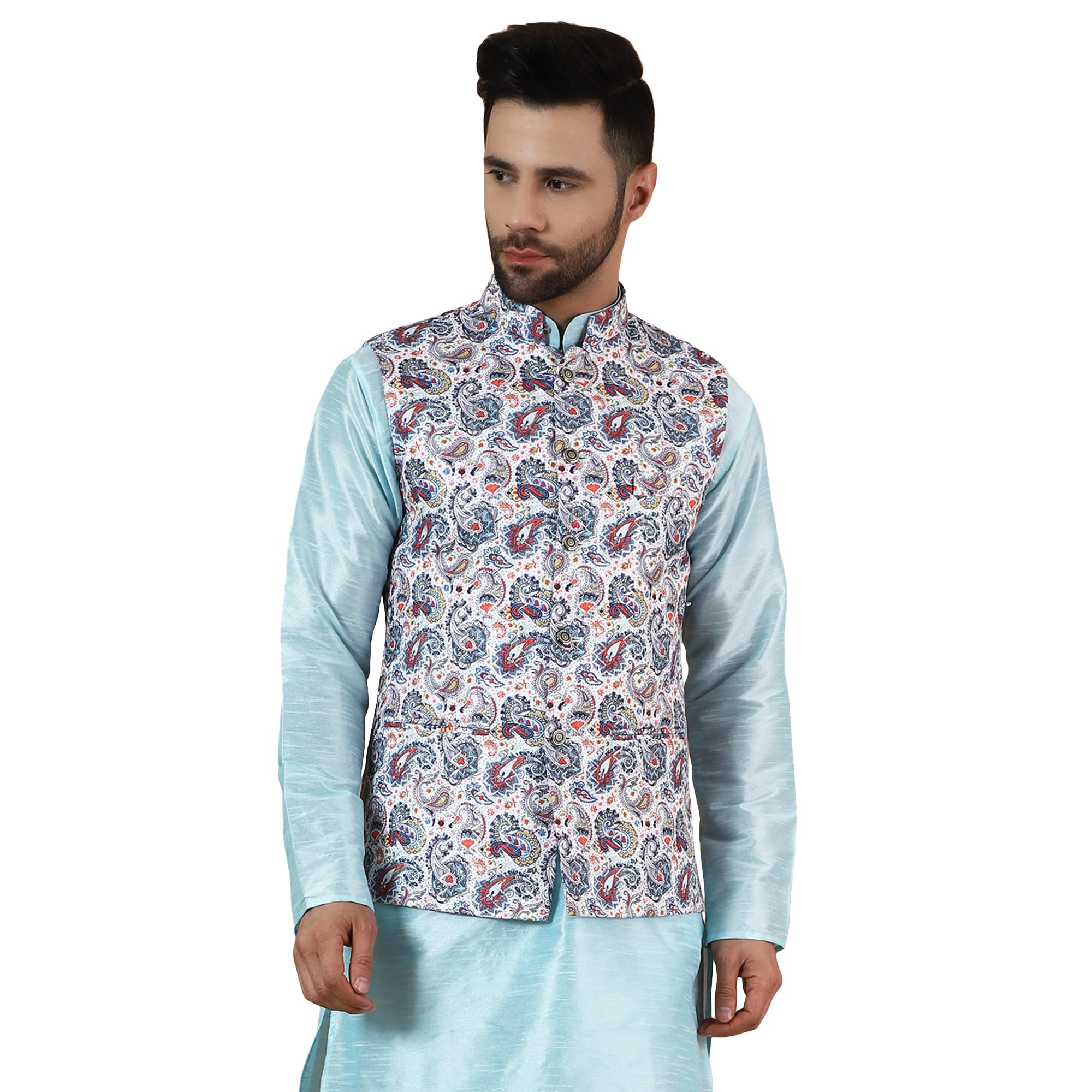 Men's Digital Print Cotton Silk White Modi Nehru Jacket-image-48