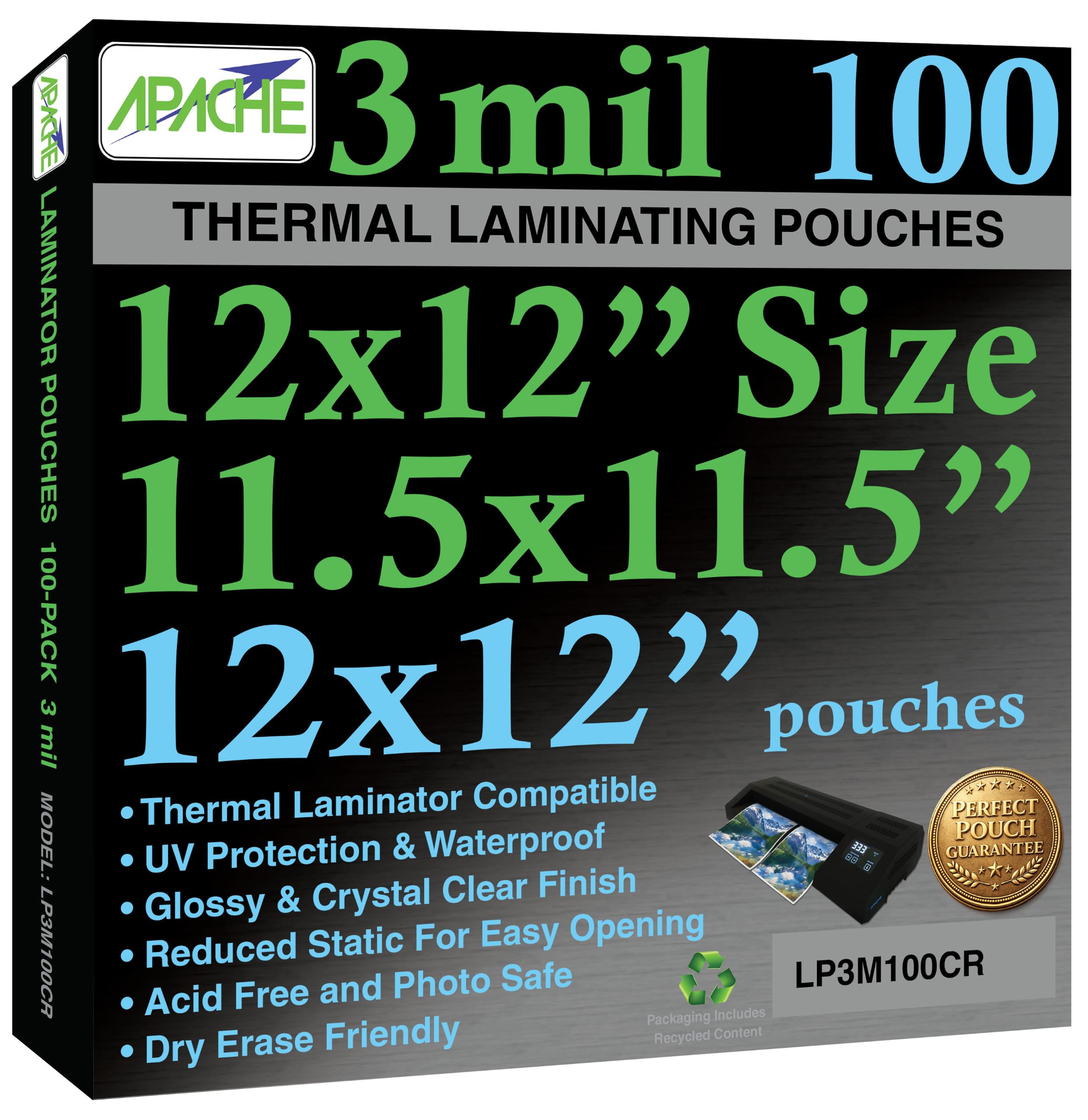 Apache 12x12" Laminating Pouches, 3 Mil, 100 Pack, 12" x 12"