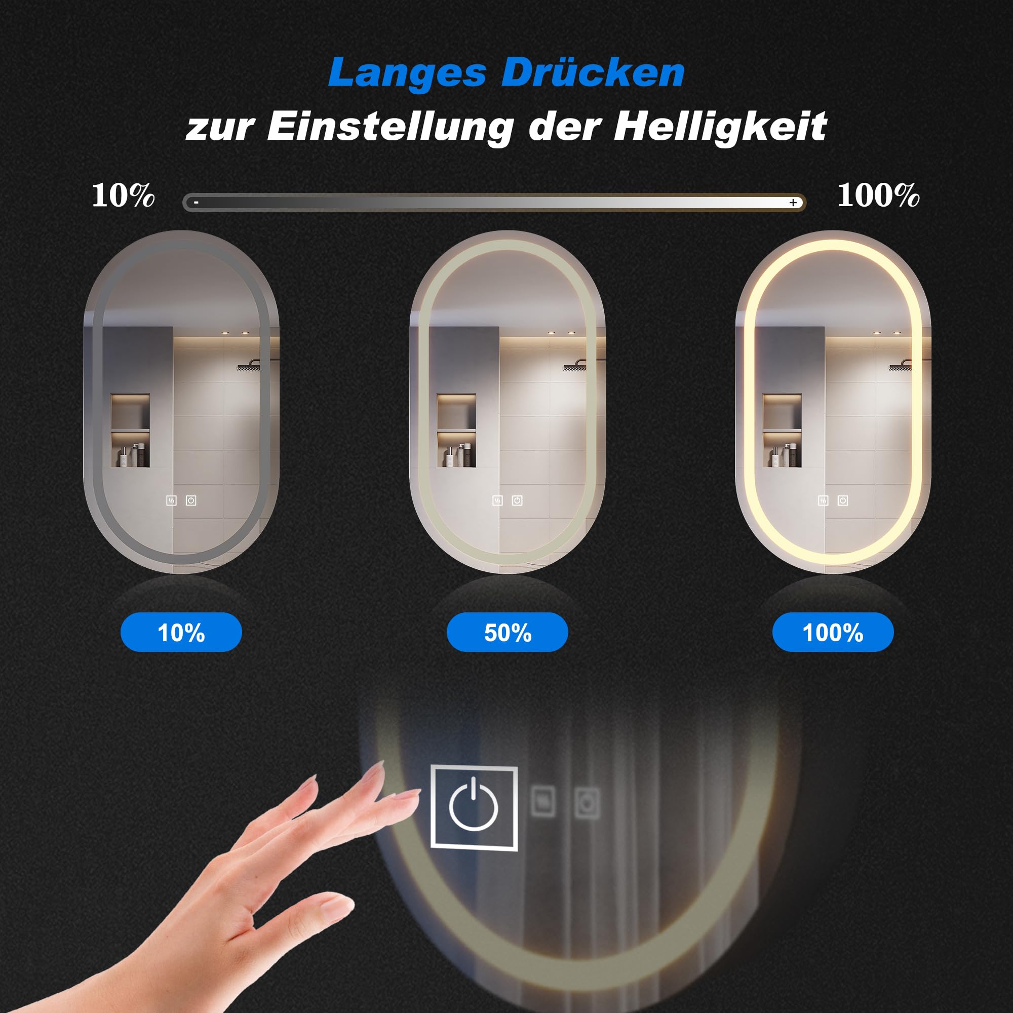 SONNI Armadietto a specchio da bagno con illuminazione e presa LED, interruttore touch, dimmabile, 3 colori luce regolabili, anti-appannamento, ovale, 40x70 cm, nero opaco