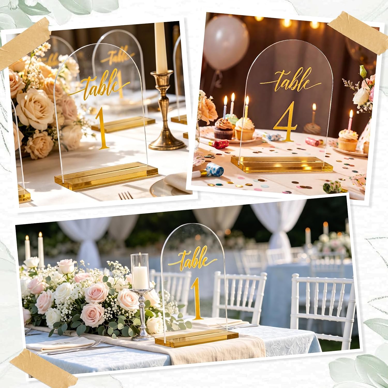 Arch Wedding Table Number 1-20 with Gold Stand, 5.5 x 7 Inch Clear