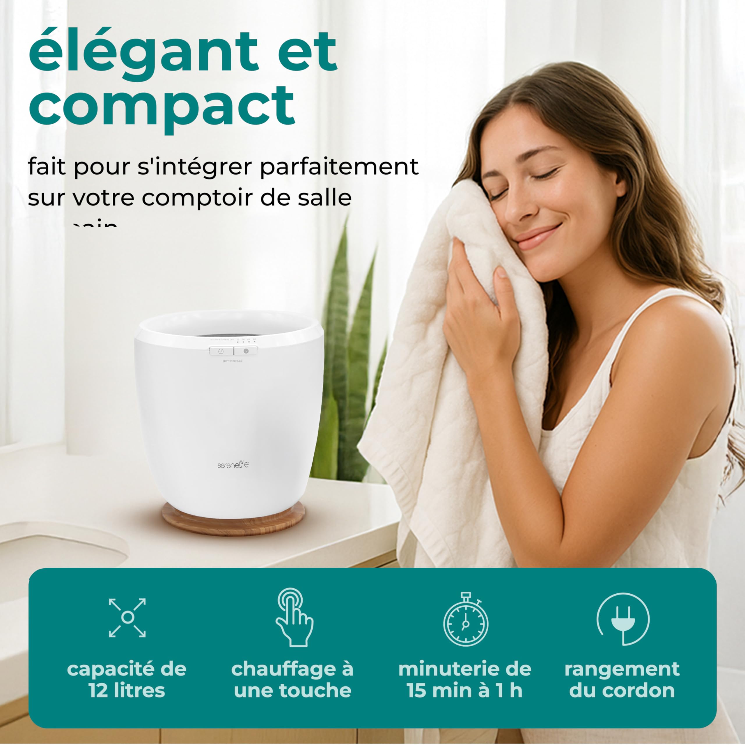 SereneLife Chauffe-Serviettes de Luxe pour Salle de Bain – Seau Chauffant avec Arrêt Automatique et Support pour Disque Parfumé – Chauffe 1 Grande Serviette – Design Compact ABS Naturel