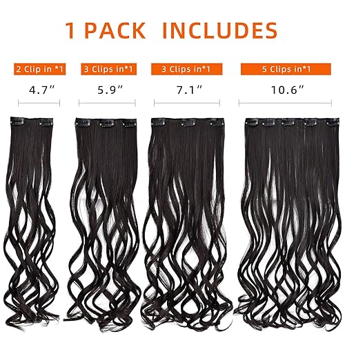 Miniatura 6 de Extensión de cabello castaño oscuro, extensiones de cabello con clip, de 18 pulgadas, ondulado, sintético, 5.5 onzas, HSPCYGG de 22 pulgadas,
