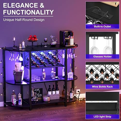 Miniatura 7 de Unikito Armario de barra de café de metal de 4 niveles con salida y luz LED, mesa de barra independiente para licor con soporte para vidrio y