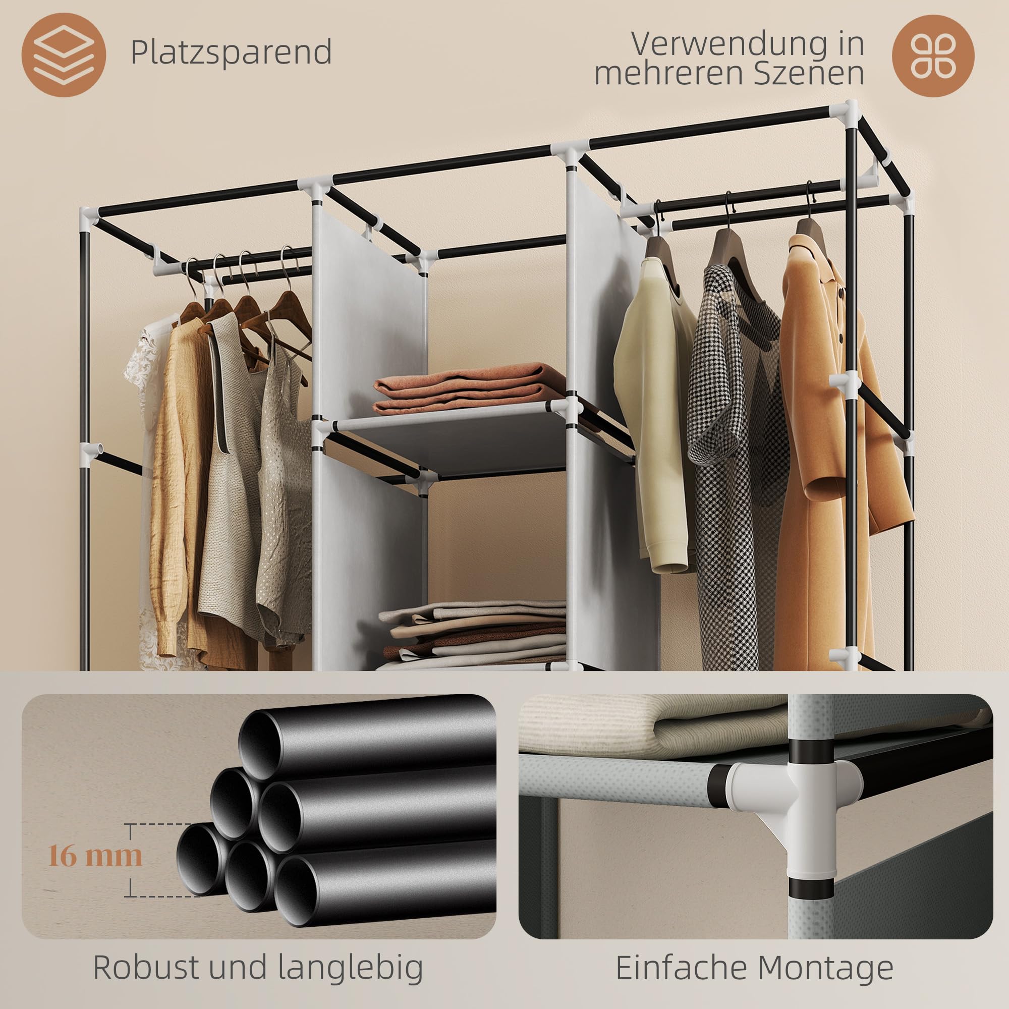HOMCOM Kleiderschrank Stoffschrank mit Kleiderstange, Ablagen, Reißverschluss Faltschrank Stoffkleiderschrank für Schlafzimmer, Ankleidezimmer, 125 x 43 x 162,5 cm Hellgrau