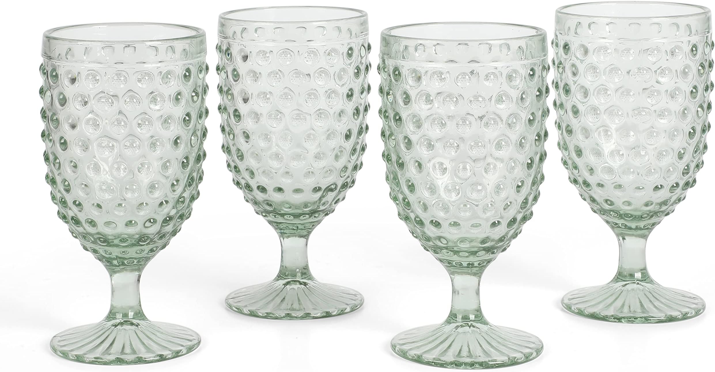 Martha Stewart Chauncey 4-Pack Hobnail Glass Goblets, 14.2 oz – Handmade Green Vintage Drinking Glasses, Textured Glassware for Water, Wine, or Entertaining