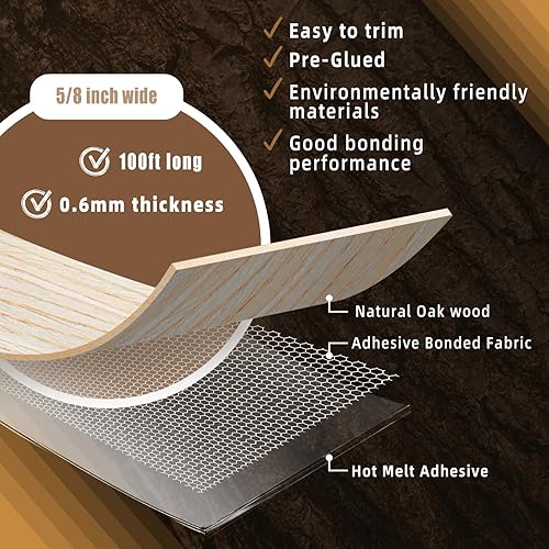 Miniatura 460 de GSCIT Club Bandas de borde de roble, rollo de 1 pulgada x 10 pies de bandas de borde de chapa - Cinta de madera real flexible previamente pegada