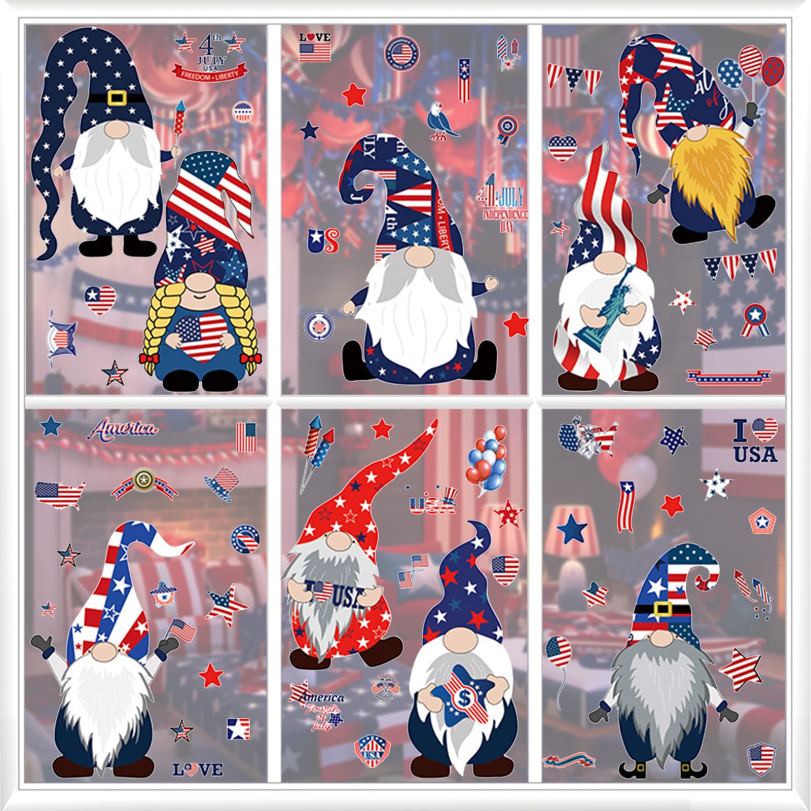 Glodecart 9PCS Patriotic 4th of July Window Clings for Glass Windows Removable, American Flag Gnome USA Window Clings for Home Classroom Decorations
