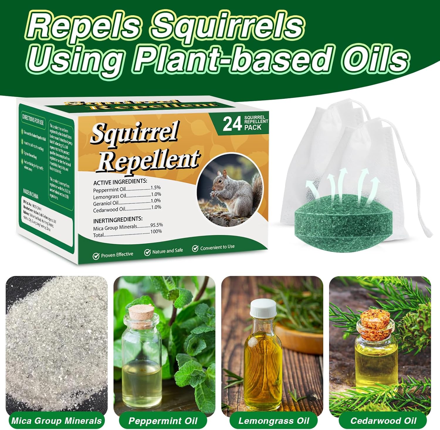 24 Pack Squirrel Repellent for Attic, Car Engines, Garden & Home Rodent Repellent Squirrel Deterrent for Outdoor & Indoor Use Keep Squirrels Away from Wires, Walls, Garages & More